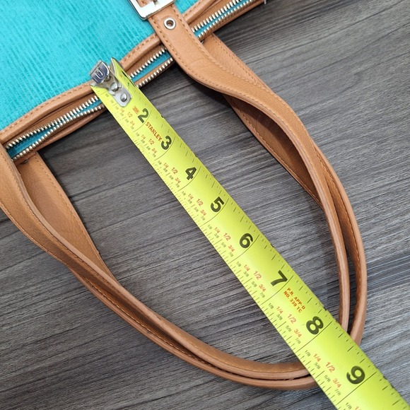 Bath & Body Works Teal Corduroy Tan Faux Leather Tote Shoulder Bag Buckle Accent - Picture 15 of 15